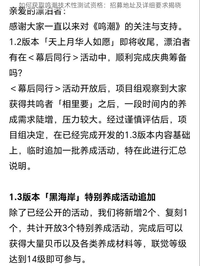 如何获取鸣潮技术性测试资格：招募地址及详细要求揭晓