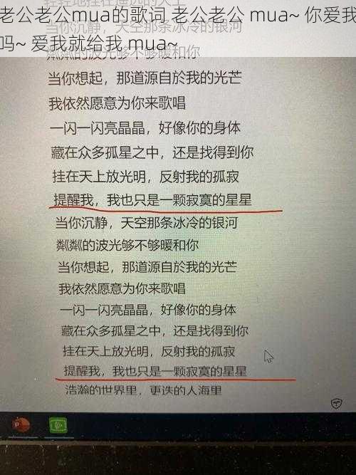 老公老公mua的歌词 老公老公 mua~ 你爱我吗~ 爱我就给我 mua~